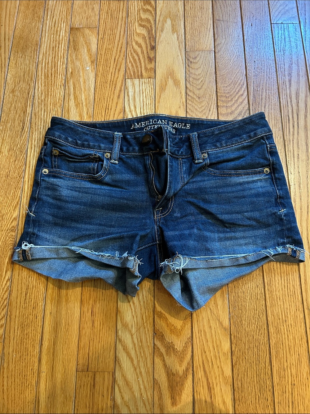 American Eagle Outfitters Dark Blue Frayed Denim Jean Shorts